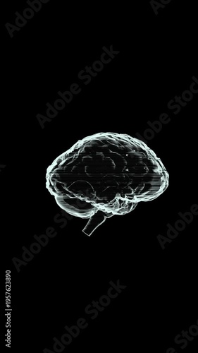 Vertical video of rotating holographic brain on black background, digital AI neural network animation, futuristic technology concept