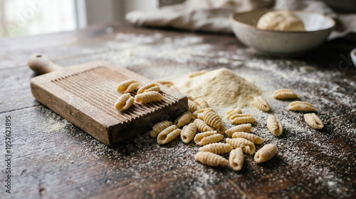 Wooden cavatelli maker paddle with hand-rolled cavatelli shells