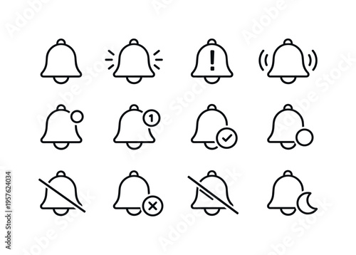 Notification Icons Grid. Line style vector icons of Notification bell icons: bell, notify, alert, ring; badge, dot, count, status;