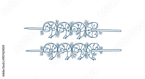 Two skewers display a line drawing of grilled shrimp showcasing a simple culinary illustration high quality