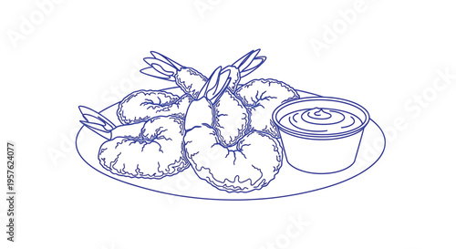 A blue line drawing depicts fried shrimp a small dipping sauce and a plate high quality