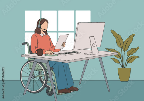 Woman in wheelchair working at desk with computer and headset, remote work