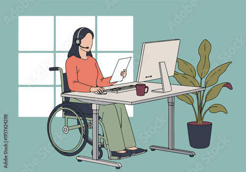 Inclusive remote work scene with woman in wheelchair wearing headset
