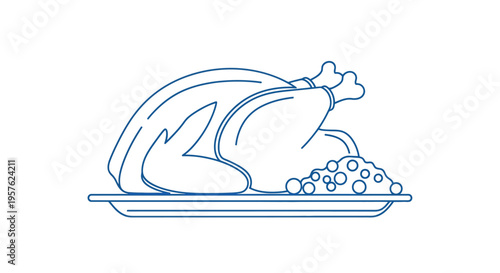 A simple line drawing depicts a roasted turkey on a platter with stuffing high quality professional