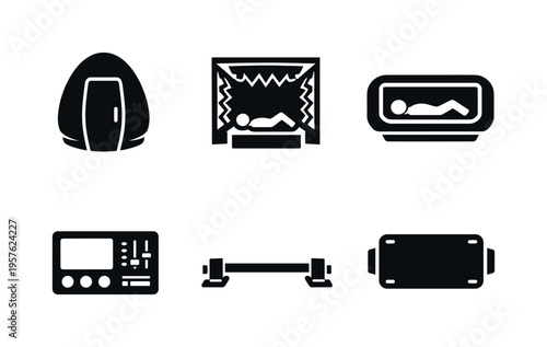 Solid vector icons of sensory-shutdown isolation units: lightless chamber shell, acoustic absorption zone, sealed interior core;