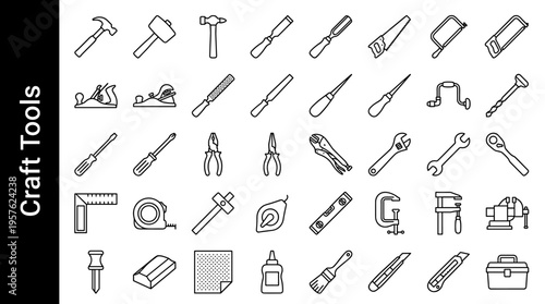 Collection of various craft and workshop tools in a clean, modern line art style