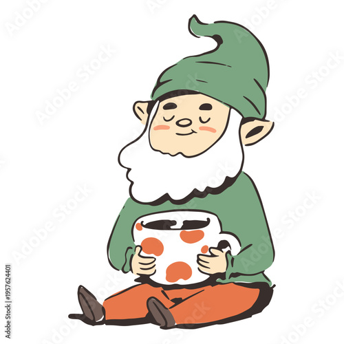 Cute gnome drinking coffee