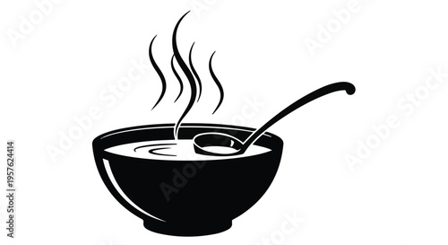 Steaming hot soup bowl with spoon in black silhouette isolated on white background for food and meal concepts