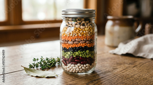 Colorful dried bean soup mix with multiple varieties layered in glass jar