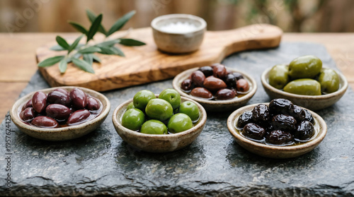 Cured olive varieties in kalamata castelvetrano and nicoise in ceramic dishes