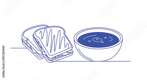 A simple line drawing depicts a sandwich and a bowl of soup likely lunch high quality