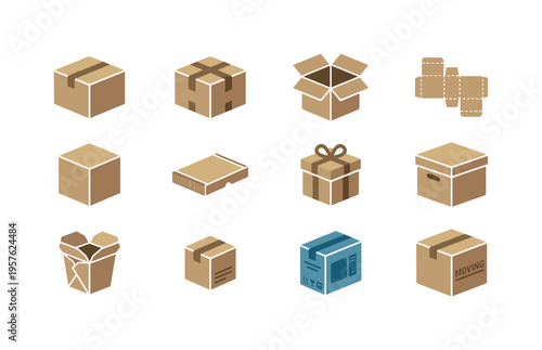 Cardboard shipping box, sealed parcel with tape, open carton with flaps, flat folded box template, cube package outline,