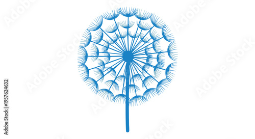 A stylized blue illustration of a dandelion seed head with a slender stem high quality professional
