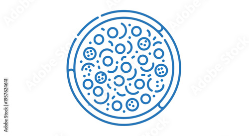 A simple line drawing depicts a pizza with various toppings and a defined crust high quality