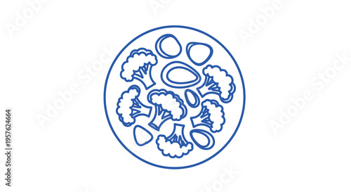 A simple blue line drawing depicts a plate filled with various vegetables high quality professional detailed