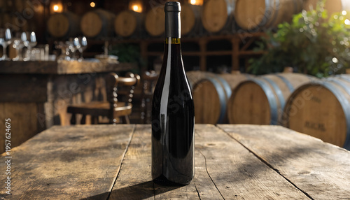 A single bottle of dark red wine stands on a rustic wooden table in front of a blurred winery bar with barrels and plants
