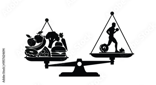 Black silhouette of healthy food on one side of balance scale and person exercising with dumbbell on the other side, symbolizing fitness and nutrition balance, healthy lifestyle concept