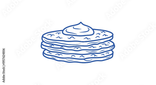 A simple line drawing depicts a stack of pancakes with a dollop of cream on top