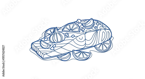 A linear illustration depicts a platter of salmon lemon slices and garlic cloves high quality professional