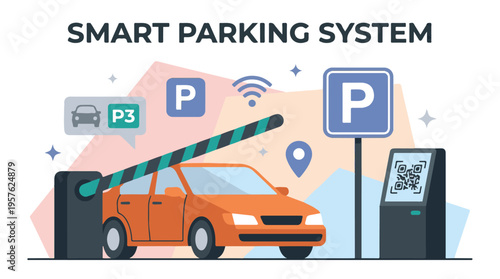 Smart parking system concept illustration with car and payment terminal