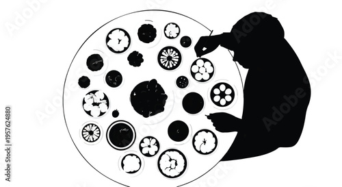 Silhouette of person examining gears and mechanisms on circular diagram, analyzing industrial or mechanical system, problem-solving concept, engineering and technology