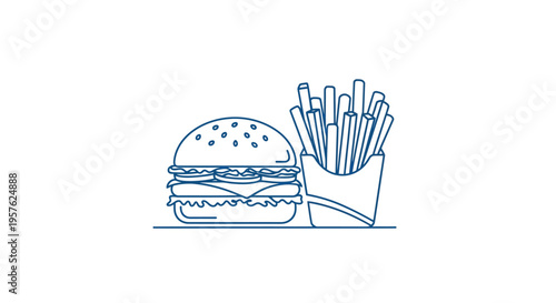 Simple line drawing depicts a classic cheeseburger alongside a portion of french fries high quality professional