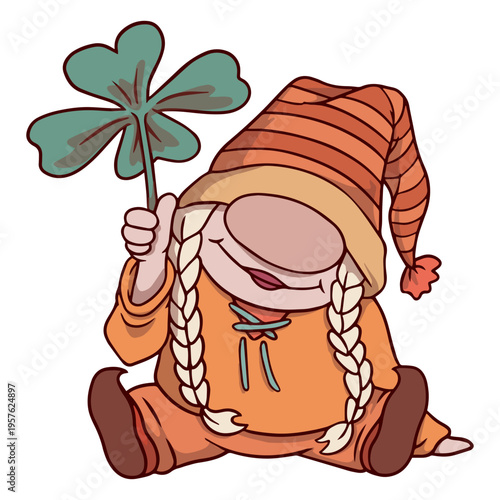 Likable gnome holding a clover