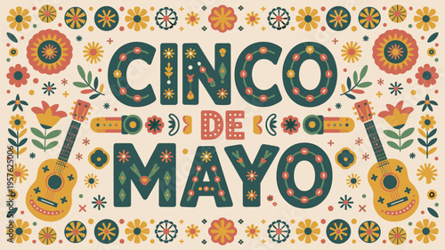 Traditional Mexican Cinco de Mayo celebration banner with folk art gui