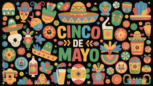 Vibrant Cinco de Mayo Festive Mexican Folk Art Celebration Illustratio