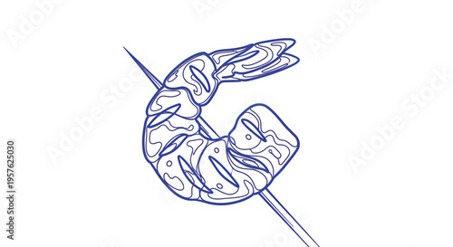 A stylized line drawing depicts a single shrimp on a skewer showcasing a simple design