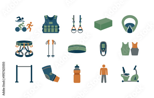 Triathlon athlete figure, weighted vest, suspension trainer straps, yoga block, climbing harness, ski poles, headband sweatband,