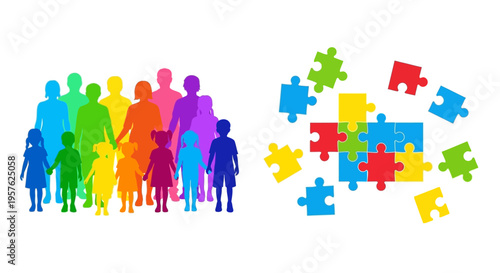Diverse group of people and puzzle pieces representing connection and unity