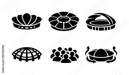 Solid style icons of flower-like stadium dome: petal-shaped roof segments, central hinge ring, opening arc, structural ribs,