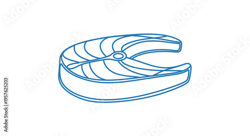 A simple line drawing depicts a salmon steak with a bone showcasing its texture high quality