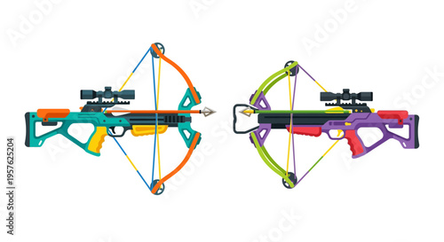 Colorful cartoon illustration of two modern crossbows with arrows loaded