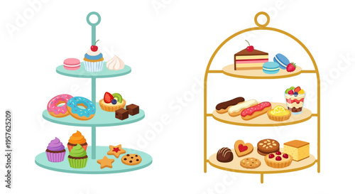 Colorful tiered dessert stand filled with various sweet pastries and treats