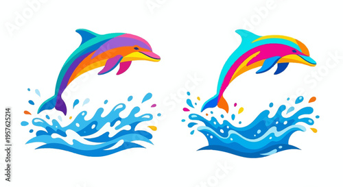 Two colorful dolphins leaping from vibrant splashing waves of water