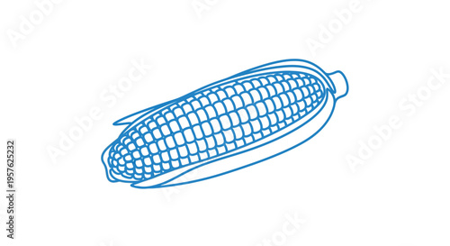 A simple blue line drawing depicts a single ear of corn with husk details high quality