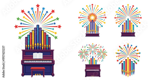 Colorful fireworks exploding from musical instruments like pianos and pipe organs