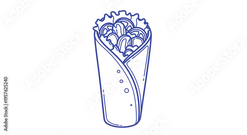 A hand drawn illustration depicts a wrapped shawarma showcasing its layered and textured filling high quality professional