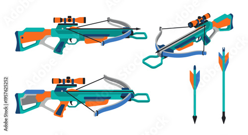 Stylized illustration of two crossbows and arrows against a white background