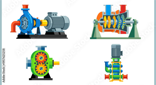 Colorful illustration depicting various industrial pumps and machinery components