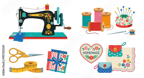 Vintage sewing machine with colorful threads fabrics and handmade accessories
