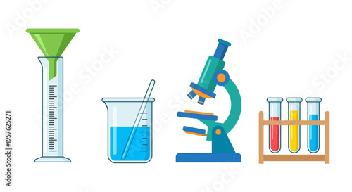 Laboratory equipment illustration featuring beakers funnels and a microscope