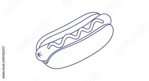 A simple blue line drawing depicting a classic hotdog in a bun angled slightly high quality