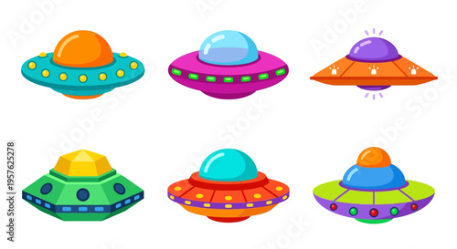 Colorful cartoon illustrations of various flying saucer shaped spacecraft