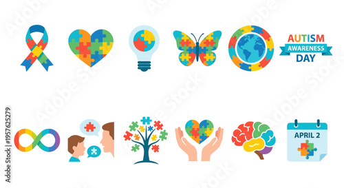 Autism awareness symbols puzzle pieces ribbons butterflies and brain imagery