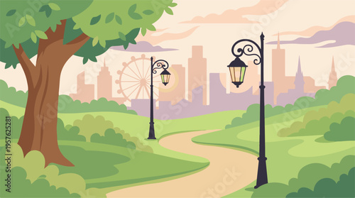 Park path with street lamps leading to a city skyline and Ferris wheel
