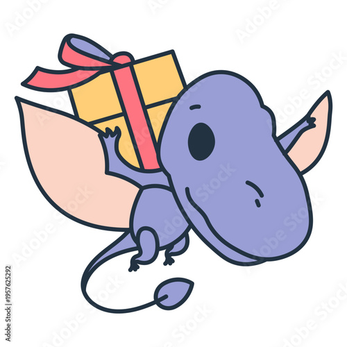 Birthday kawaii dinosaur flying with a present atop its back