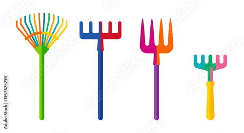 Colorful garden rakes and pitchforks arranged in a linear composition